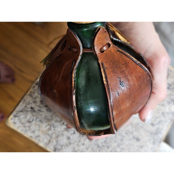 Vintage Embossed Leather Wrapped over Green Glass Decanter With Cork Stopper - Picture 9 of 11